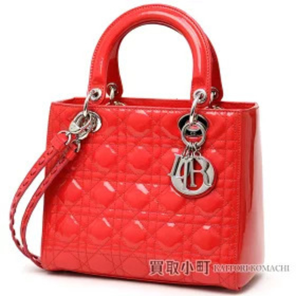 Dior Lady Handbag Cannage Stitch Vermilion Patent Vernis Leather Double